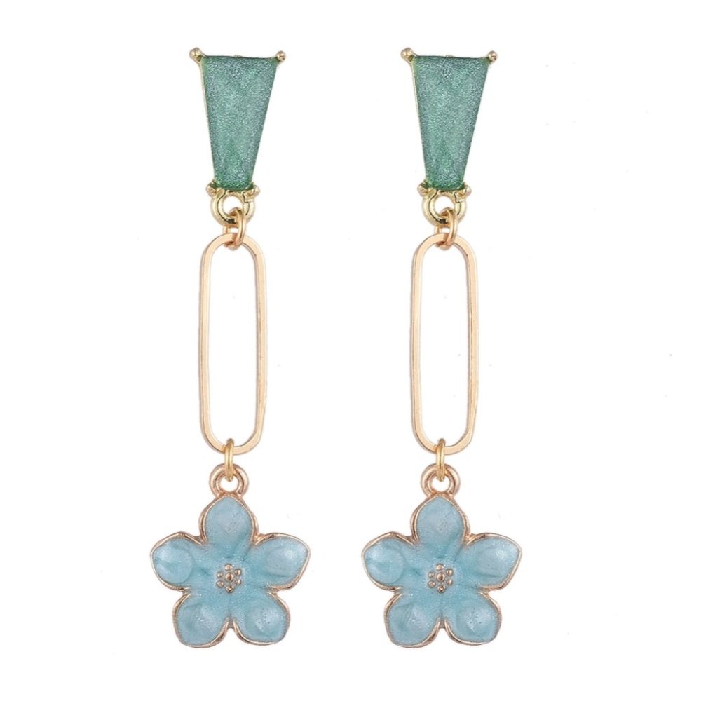 Gold-Tone Drop Earrings with Aqua Blue Flower and Teal Top